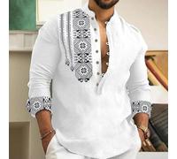 Chemise décontractée boutonnée à manches longues pour homme avec détails Henley et col en V pour un usage quotidien, la plage et les fêtes (2XL, blanc)