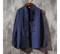 Chemise décontractée boutonnée pour homme | Veste à manches longues à col mandarin | Costume de couleur unie en coton mélangé pour uniforme de Kung Fu Tai Chi | pour homme (2XL, bleu marine)
