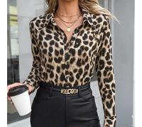 Chemise décontractée confortable à manches longues pour femmes, chemise à col boutonné imprimé léopard, printemps/automne L,M,S,XLImprimé léopard,Motif texturéTissu tissé