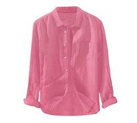 Chemise décontractée en coton et lin - Chemise boutonnée pour homme, coupe décontractée, manches longues, chemise Oxford décontractée unie avec poche de poitrine, col à bande, couleur unie, rose, XXL