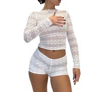 Chemise décontractée en dentelle solide pour femme - Manches longues - Col rond - Vêtement de tennis pour fille, Blanc., S