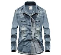 Chemise décontractée en jean pour homme à manches longues boutonnée en coton délavé XXL bleu clair