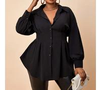 Chemise décontractée grande taille pour femmes avec taille cintrée, coupe trapèze et manches lanterne, élégante blouse noire pour le trajet quotidien, printemps & automne 0XL,1XL,2XL,3XL,4XL,5XLUnicol