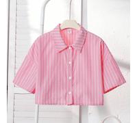 Chemise décontractée pour fille préadolescente, oversize, simple, col rabattu, rayée, courte, épaules tombantes, manches courtes 8Y,9Y,10Y,11Y,12YGéométrique,UnicolorePolyester