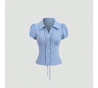 Chemise décontractée style écolière romantique à carreaux bleus avec bordure à volants, fermeture par boutons, design unique de sangle au dos, tissu de coton délicat, manches bouffantes col V, printem