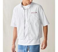 Chemise décontractée urbaine à manches courtes pour hommes, style mode, rayée, avec lettres manuscrites brodées, ample et cintrée, pour amis L,M,S,XL,XS,XXL,XXS,XXXL,XXXXLLettres,RayéTissu tissé