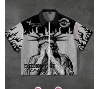 Chemise décontractée zippée à col et manches courtes pour garçons préadolescents avec imprimé de la Statue de la Liberté et d'une flamme 8Y,9Y,10Y,11Y,12YAnimal,Cartoon,Portrait,LettresÉtoffe