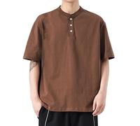 Chemise d'entraînement pour homme en coton T-shirt à col américain à manches courtes pour l'été Nouveau rétro coton demi-manches amples pour intérieur extérieur vie quotidienne, café, 3XL