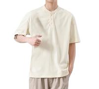 Chemise d'entraînement pour homme en coton T-shirt à col américain à manches courtes pour l'été Nouveau rétro coton demi-manches amples pour intérieur extérieur vie quotidienne, kaki, L