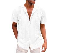 Chemise d'été à col pour homme, chemise de plage ajourée boutonnée, chemises solides à manches courtes, coupe ample, loisirs et vacances, chemises de travail pour hommes adultes, blanc, L
