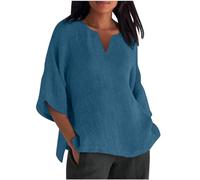 Chemise d'été à manches 3/4 - Grande taille - Chemise en lin pour femme - Chemise décontractée en coton - Col ras du cou - Chemise ample surdimensionnée - Chemisier habillé pour le bureau et le