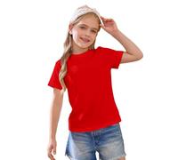 Chemise d'été à manches courtes pour filles - Col rond - Coupe ample - T-shirt basique uni pour enfants - Tenue d'entraînement quotidienne - Vêtements de sport - Haut de basket-ball, Rouge, 12-13 ans