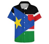 Chemise D'Été À Manches Courtes Pour Homme Coupe Standard En Polyester Boutonnée Style Hawaïen Pour Les Vacances Fantaisie Imprimé Drapeau République Du Soudan Du Sud Surdimensionnée Pour La Plage M