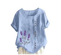 Chemise d'été bohème en lin pour femme, haut habillé, décontracté, tendance, chemisier de vacances à imprimé floral, t-shirts grande taille, col rond, chemisier boutonné ample et confortable