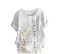 Chemise d'été bohème en lin pour femme, haut habillé, décontracté, tendance, chemisier de vacances à imprimé floral, t-shirts grande taille, col rond, chemisier boutonné ample et confortable