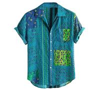 Chemise d'été boutonnée à manches courtes pour homme - Imprimé bohème - Style hawaïen - Style décontracté - Coupe droite - Pour les vacances, Vert, 3XL