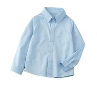 Chemise d'été classique boutonnée à manches longues avec poche poitrine en coton doux uni pour enfants, uniforme scolaire, bleu, 5-6 ans