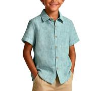 Chemise D'éTé De Lin à Manches Courtes Solid Color Col Boutonné pour GarçOn Uni Loisirs DéContracté Basique Patte De Boutonnage Facile à Repasser Occasionnels pour Enfants Ete 6-16 Ans LéGèRe