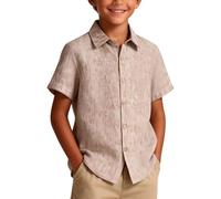 Chemise D'éTé De Lin à Manches Courtes Solid Color Col Boutonné pour GarçOn Uni Loisirs DéContracté Basique Patte De Boutonnage Facile à Repasser Occasionnels pour Enfants Ete 6-16 Ans LéGèRe