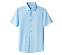Chemise d'été décontractée pour homme - Coupe ample - Manches courtes - Chemise de travail boutonnée - Tendance - Couleur unie - Léger - Élégant - Revers uni - T-shirt d'été élégant, bleu clair, 3XL