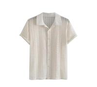 Chemise d'été en coton ajouré pour homme - Manches courtes - Transparente - Solide - Streetwear - Chemises de plage, beige, Taille L
