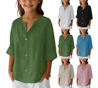 Chemise d'été en coton et lin à manches longues et col en V pour enfants - Chemisier d'été uni à boutons - Chemise légère et respirante - Haut décontracté - T-shirt élégant - Couleur unie, beige, 7-8