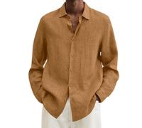 Chemise d'été en lin à manches longues pour homme, couleur unie, décontractée, grande taille, chemise à manches longues à revers à séchage rapide, chemise boutonnée légère pour l'été, la plage, haut