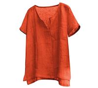 Chemise d'été en lin pour homme - Grande taille - Col en V - Manches courtes - Couleur unie - Basic - Coupe ample - Lin - Yoga - Chemise d'été pêcheur, Orange-2., 4XL