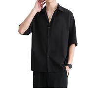 Chemise D'été Fine À Manches Courtes For Homme, En Soie Glacée, Ample, À La Mode, Décontractée, À Revers, Boutonnée(Black,XL (55-62kg))