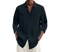 Chemise d'été haute en lin pour homme - Manches 3/4 - Col à revers - Manches longues - Couleur unie - Style décontracté - Coupe ample - Haut de plage en coton et lin respirant, bleu marine, XL