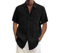 Chemise d'été hawaïenne solide à manches courtes avec double poche et col rabattu, Noir , XXL