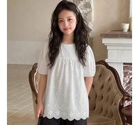 Chemise d'été pour préadolescentes avec col Peter Pan, manches bouffantes ajourées et broderie 8Y,9Y,10Y,11Y,12YUnicoloreViscose