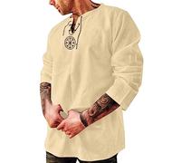 Chemise d'été rétro en lin pour homme avec lacets - T-shirt à manches longues - Style gothique - Col en V - Costume de pirate - Couleur unie - Broderie médiévale - Chemise de loisirs fine, beige, 4XL