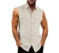 Chemise d'été sans manches à manches courtes et double poche pour homme | Haut d'été décontracté à col rabattu pour homme, beige, XL