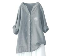 Chemise d'été surdimensionnée à manches 3/4 en lin pour femme - Col en V - Style décontracté péplum brodé - Manches mi-longues - Coupe ample - Asymétrique et mignonne, gris, M