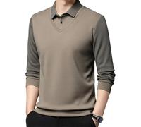 Chemise deux pièces à manches longues rayée pour homme, fausse chemise tricotée 2 pièces, pull décontracté, hauts d'affaires, kaki, L
