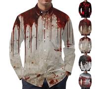 Chemise d'Halloween à manches longues pour homme - Costume amusant - T-shirt imprimé 2025 - Chemise boutonnée avec poches sanguines - T-shirt amusant effrayant pour fête d'horreur - T-shirt à manches