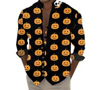 Chemise d'halloween Amusantes avec Imprimé Citrouille 3D, Manches Longues Casual Tête De Grande Taille Motif Drôle Boutonnée Impression 3D Funky Fête Adulte Crâne Chemises pour Dansante Soirée