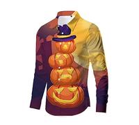 Chemise d'halloween Amusantes avec Imprimé Citrouille 3D, Tête De Mode Et Confort Crâne Adulte Funky Fête Monstre Fantôme Boutonnée Grande Taille Manches Longues Casual Chemises pour Soirée Dansante