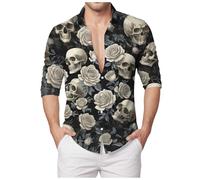Chemise D'Halloween Pour Homme Avec Imprimé Tête De Mort - Coupe Droite - Manches Longues - Chemise Basique À Manches Courtes - Décontracté - Boutonnière - Motif Amusant Squelette d'Halloween