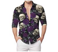Chemise D'Halloween Pour Homme Avec Imprimé Tête De Mort - Coupe Droite - Manches Longues - Chemise Basique À Manches Courtes - Décontracté - Boutonnière - Motif Amusant Squelette d'Halloween