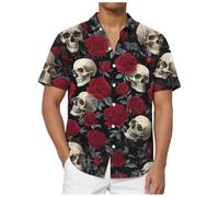 Chemise D'Halloween Pour Homme Avec Imprimé Tête De Mort - Coupe Droite - Manches Longues - Chemise Basique À Manches Courtes - Décontracté - Boutonnière - Motif Amusant Squelette d'Halloween