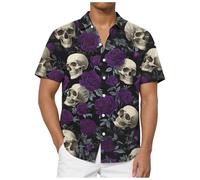 Chemise D'Halloween Pour Homme Avec Imprimé Tête De Mort - Coupe Droite - Manches Longues - Chemise Basique À Manches Courtes - Décontracté - Boutonnière - Motif Amusant Squelette d'Halloween