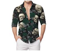 Chemise D'Halloween Pour Homme Avec Imprimé Tête De Mort - Coupe Droite - Manches Longues - Chemise Basique À Manches Courtes - Décontracté - Boutonnière - Motif Amusant Squelette d'Halloween