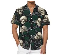 Chemise D'Halloween Pour Homme Avec Imprimé Tête De Mort - Coupe Droite - Manches Longues - Chemise Basique À Manches Courtes - Décontracté - Boutonnière - Motif Amusant Squelette d'Halloween