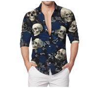 Chemise D'Halloween Pour Homme Avec Imprimé Tête De Mort - Coupe Droite - Manches Longues - Chemise Basique À Manches Courtes - Décontracté - Boutonnière - Motif Amusant Squelette d'Halloween
