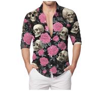 Chemise D'Halloween Pour Homme Avec Imprimé Tête De Mort - Coupe Droite - Manches Longues - Chemise Basique À Manches Courtes - Décontracté - Boutonnière - Motif Amusant Squelette d'Halloween
