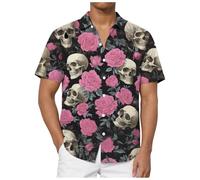 Chemise D'Halloween Pour Homme Avec Imprimé Tête De Mort - Coupe Droite - Manches Longues - Chemise Basique À Manches Courtes - Décontracté - Boutonnière - Motif Amusant Squelette d'Halloween