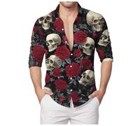 Chemise D'Halloween Pour Homme Avec Imprimé Tête De Mort - Coupe Droite - Manches Longues - Chemise Basique À Manches Courtes - Décontracté - Boutonnière - Motif Amusant Squelette d'Halloween