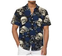Chemise D'Halloween Pour Homme Avec Imprimé Tête De Mort - Coupe Droite - Manches Longues - Chemise Basique À Manches Courtes - Décontracté - Boutonnière - Motif Amusant Squelette d'Halloween